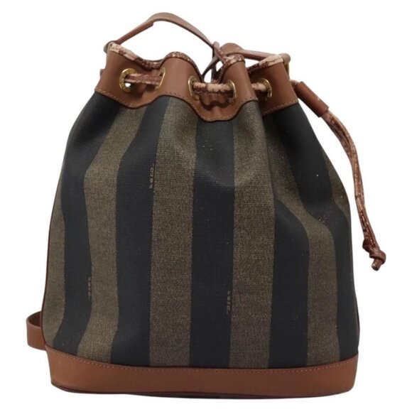 FENDI Pecan Canvas Shoulder Bag PVC Brown Black gold Auth yk18186 - Picture 2 of 16